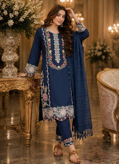 Women's Pure Satin Rayon Embroidered Kurta Set with Bottom & Dupatta