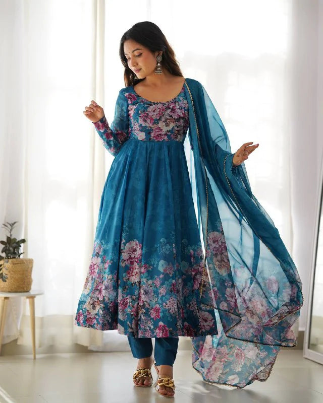 LadyVastara Pure Soft Organza Silk Fully Flared Kali Cut Anarkali Suit Set with Dupatta & Pant