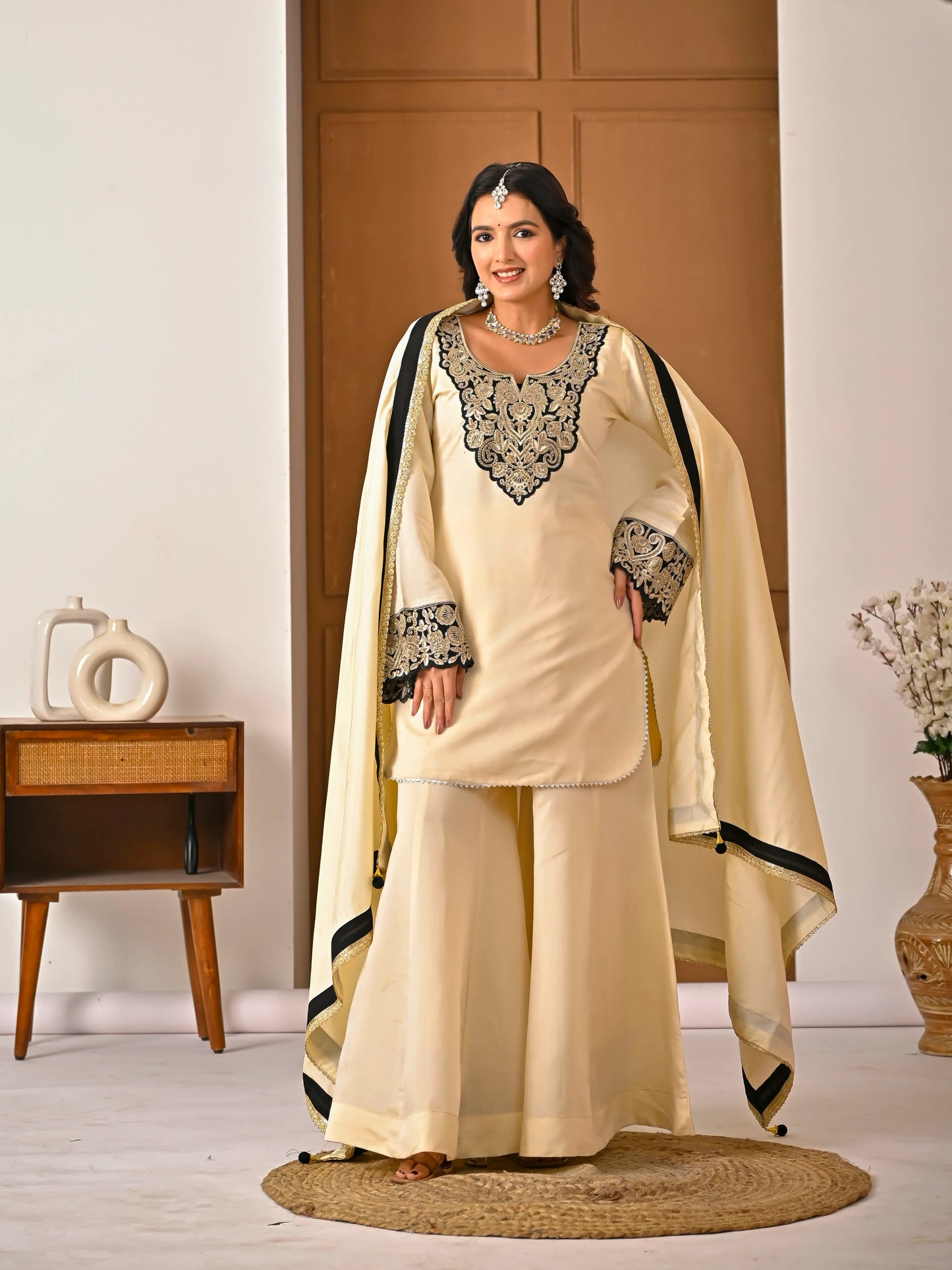 LadyVastara Embroidered Roman Silk Sharara Set with Dupatta | Evening & Party Wear