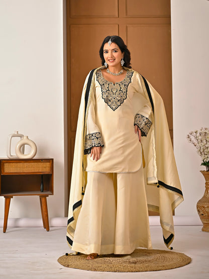 LadyVastara Embroidered Roman Silk Sharara Set with Dupatta | Evening & Party Wear