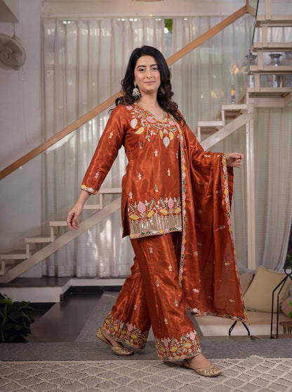 LadyVastara Premium Sindoori Satin Silk Embroidered Palazzo Suit Set for Women