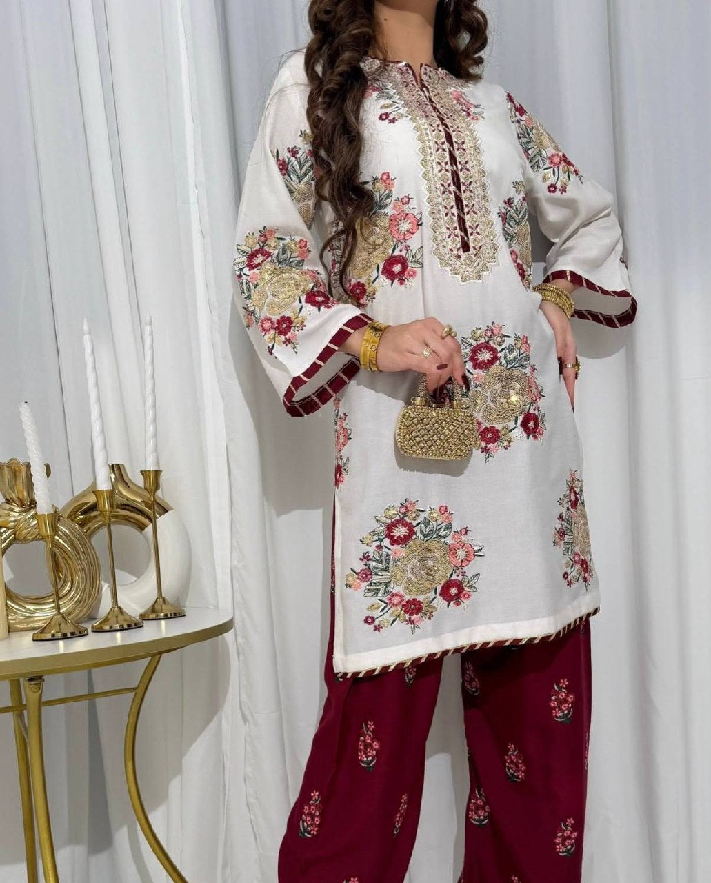 Ladyvastara Premium Faux Georgette Kurti Set with Heavy Embroidery & Pearl Dupatta