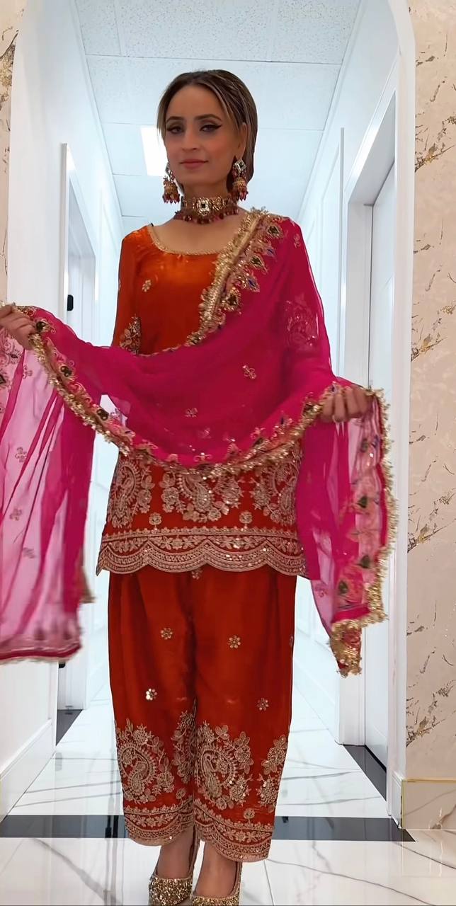 LadyVastara Heavy Embroidered Crushi Silk Top with Stylish Farshi Salwar Set