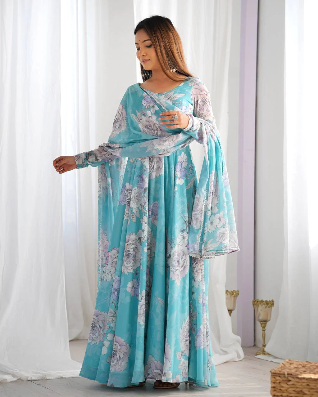 LadyVastara Designer Floral Print Fox Georgette Anarkali Gown