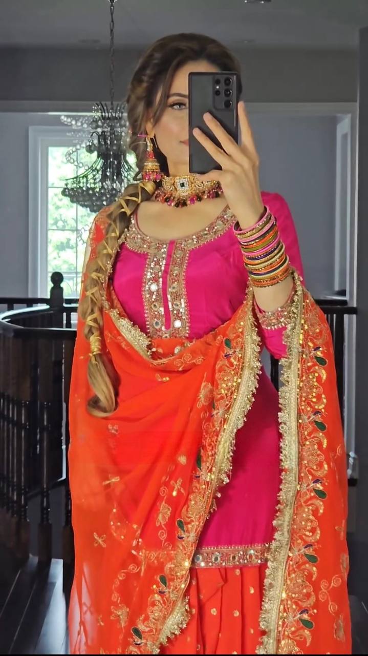 LadyVastara Designer Malay Silk Top with Faux Georgette Dhoti Skirt