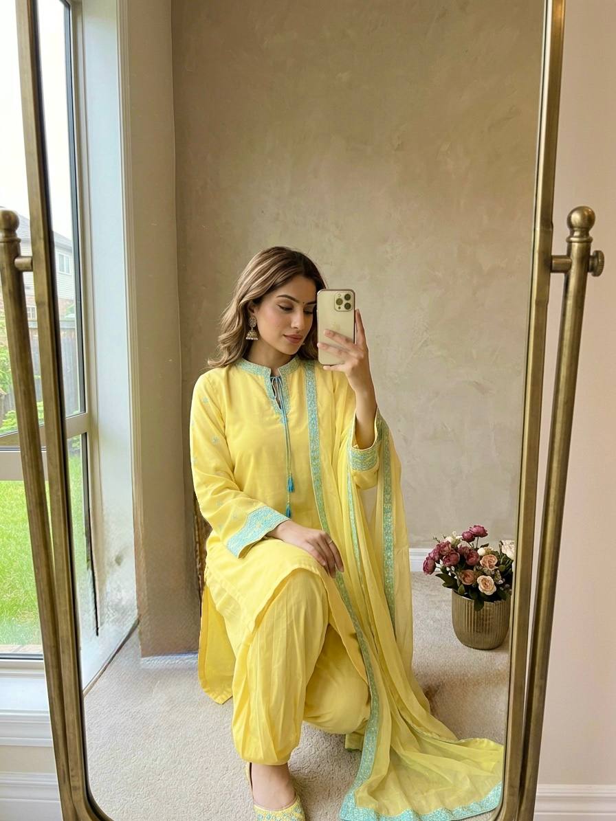 Women's Pure Natural Crepe Silk Kurta Set with Balloon Pants & Organza Dupatta