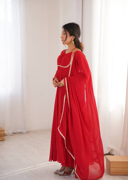 LadyVastara Premium Designer Fox Georgette Long Gown with Rich Flare & Lace Dupatta