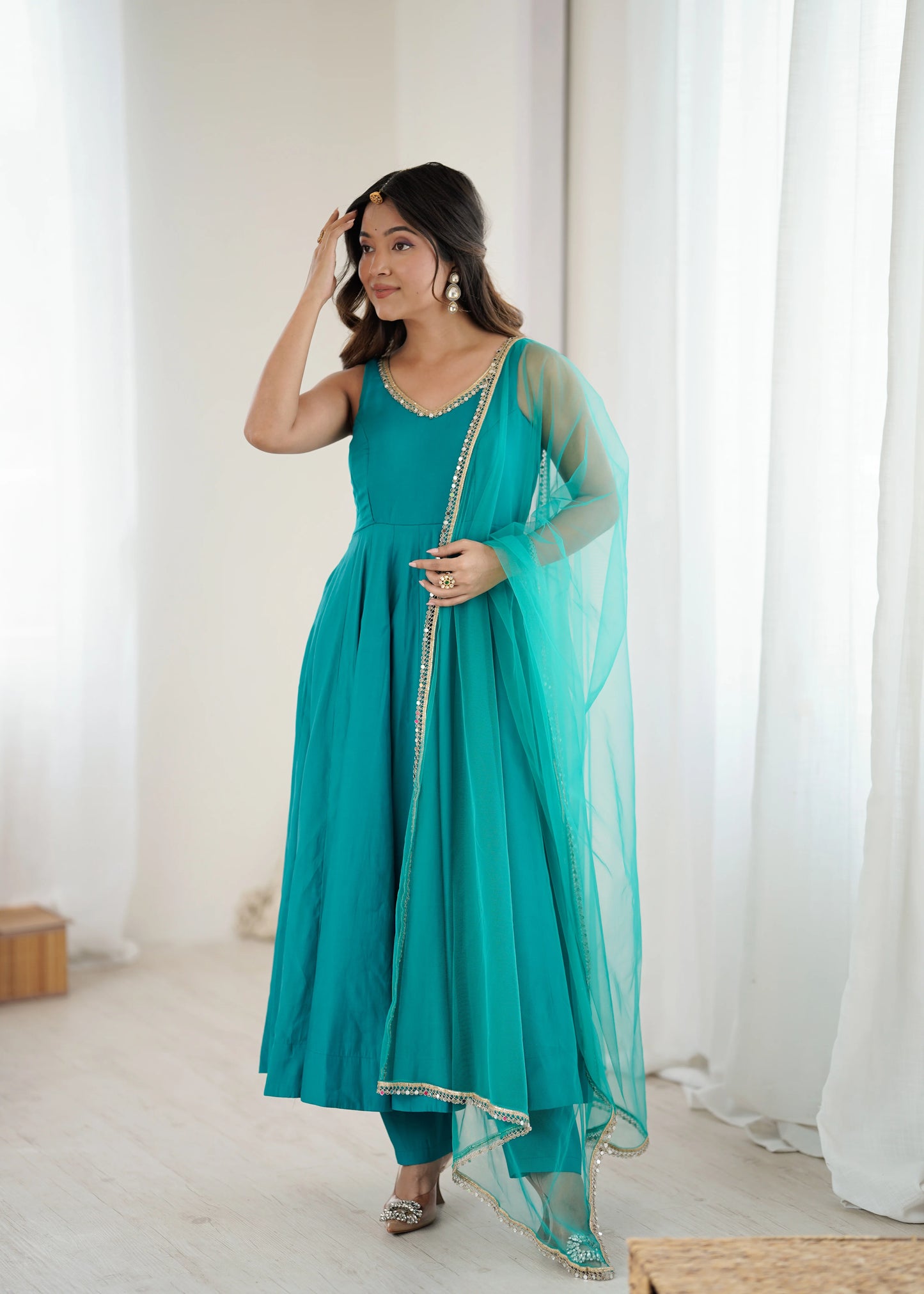 LadyVastara Premium Chanderi RomanSilk Anarkali with Soft Net Dupatta & Fancy Lace Work