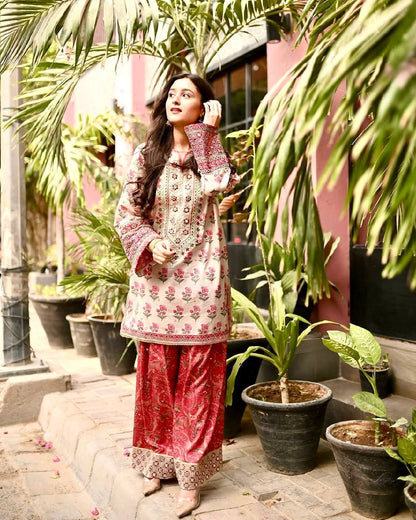 LadyVastara Natural Crepe Digital Print Farshi Palazzo Set with Mirror Work