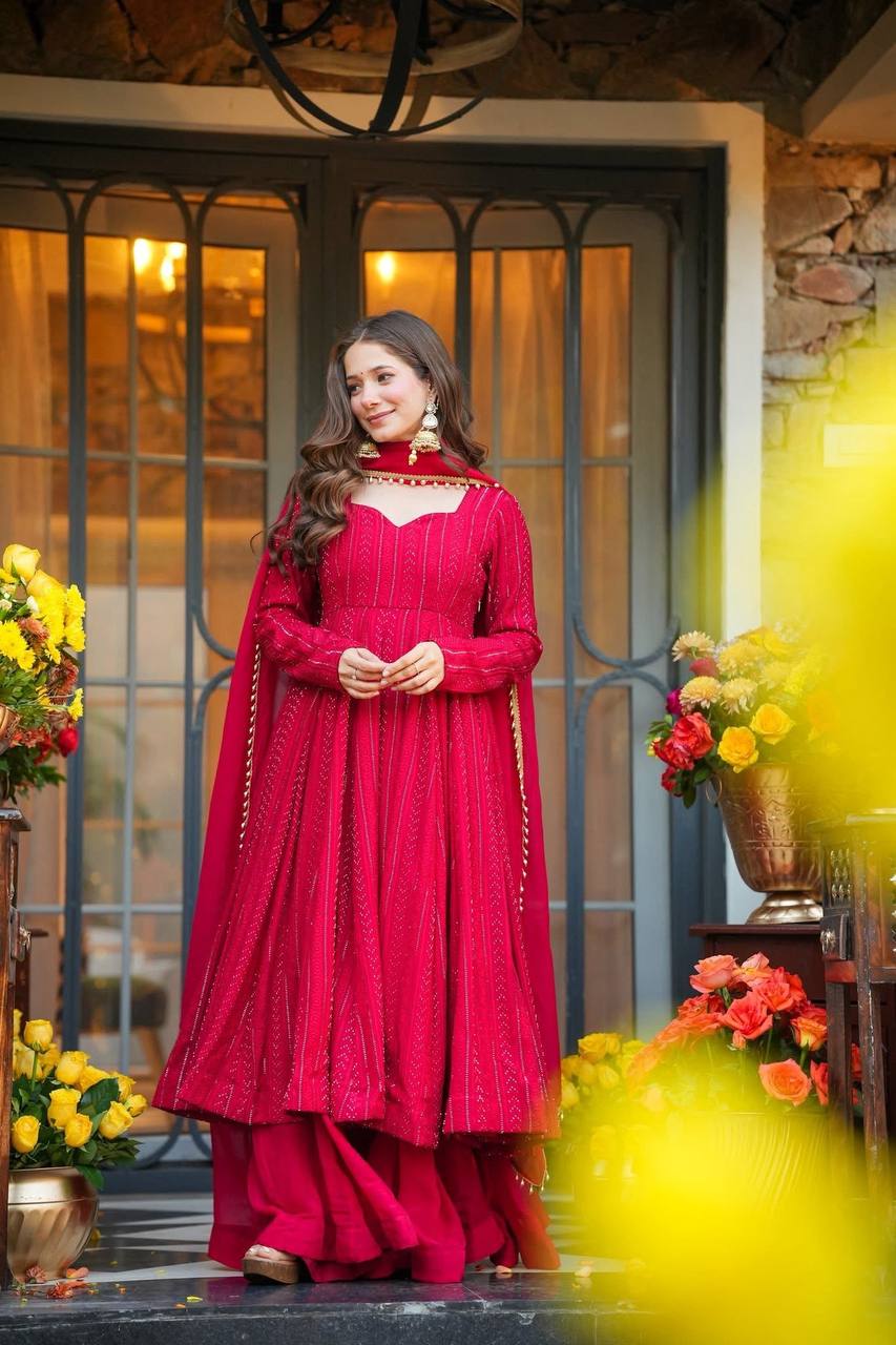 LadyVastara Graceful Georgette Anarkali Suit with Embroidery & Fancy Dupatta