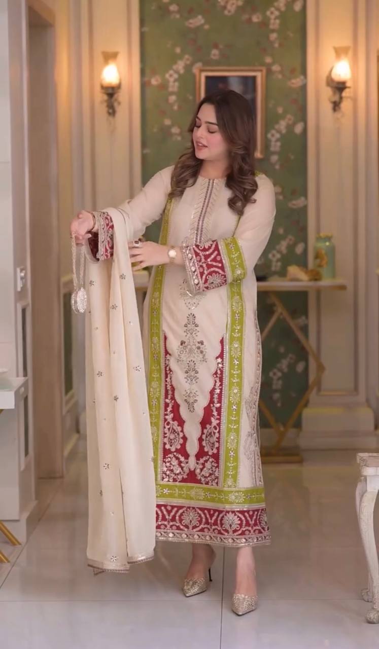 LadyVastara Elegant Embroidered Roman Silk Kurta Set for Festive Occasions