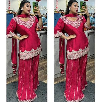 LadyVastara Royal Chinnon Silk Embroidered Top–Sharara–Dupatta Set