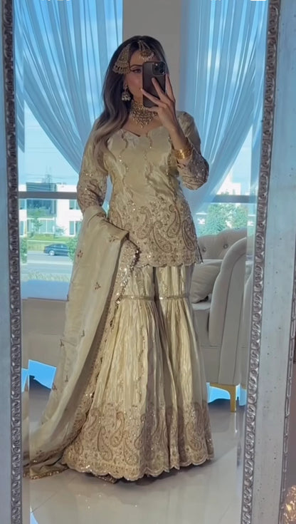 LadyVastara Premium Chinon Silk Embroidered Sharara Set