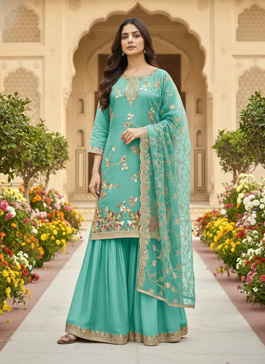 LadyVastara Elegant Pure Jimmy Silk Embroidered Palazzo Suit Set