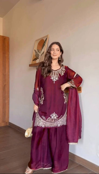 LadyVastara Elegant Fendy Silk Sharara Set with Sequin Embroidery