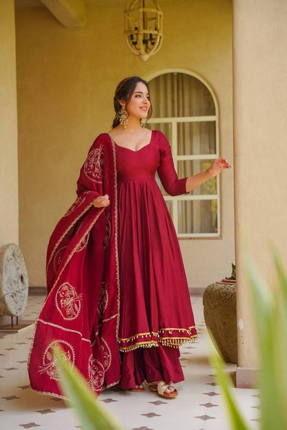 LadyVastara Ethnic Roman Silk Anarkali Set with Plazzo for Women