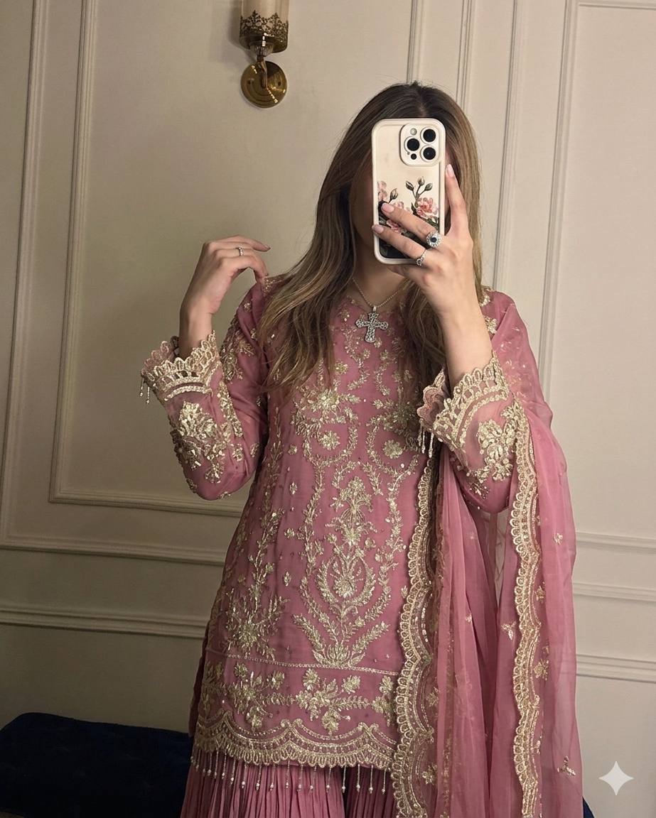 LadyVastara Heavy Faux Georgette Embroidered Kurti Plazzo Set with Dupatta