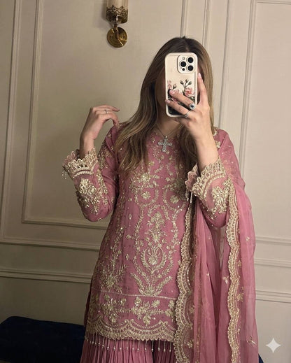LadyVastara Heavy Faux Georgette Embroidered Kurti Plazzo Set with Dupatta
