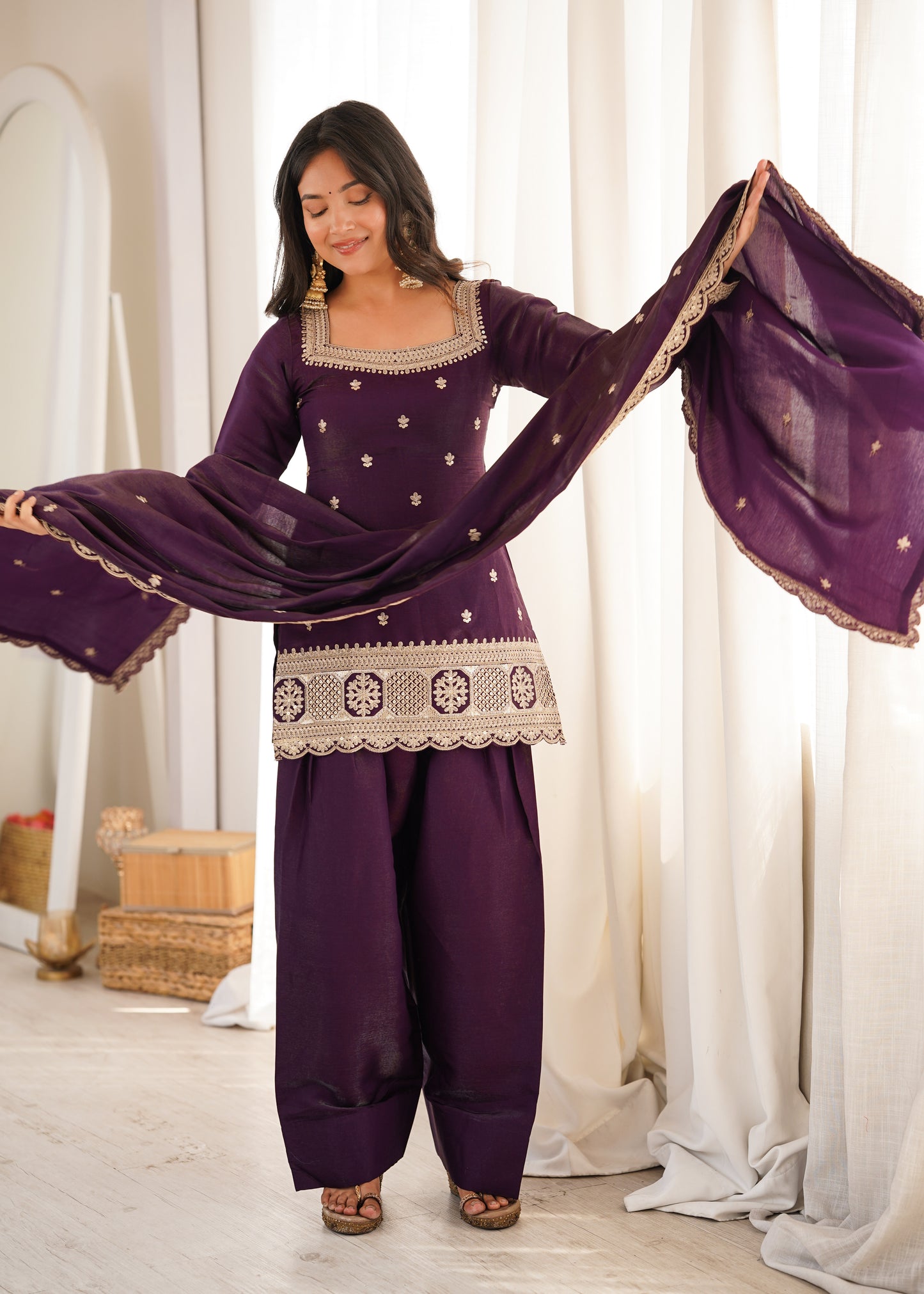 LadyVastara Premium Glass Roman Silk Embroidered Kurta Farshi Shalwar Set with Dupatta