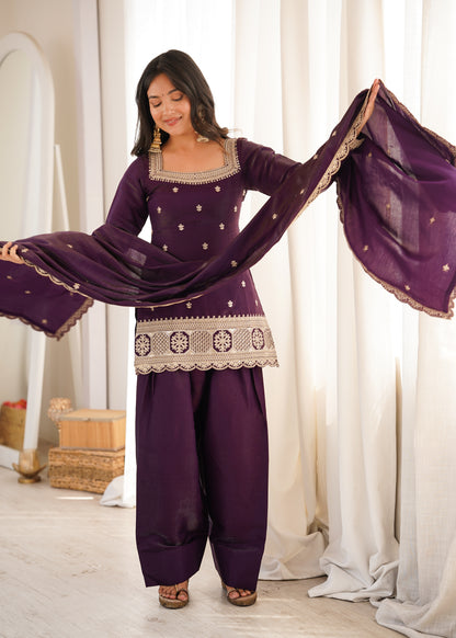 LadyVastara Premium Glass Roman Silk Embroidered Kurta Farshi Shalwar Set with Dupatta