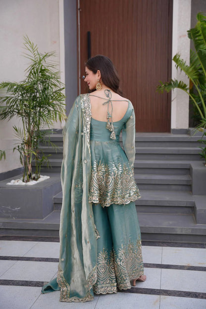 LadyVastara Designer Party Wear Two-Tone Fendy Satin Silk Gown Sharara Set with Heavy Embroidery, Real Mirror Work & Dupatta