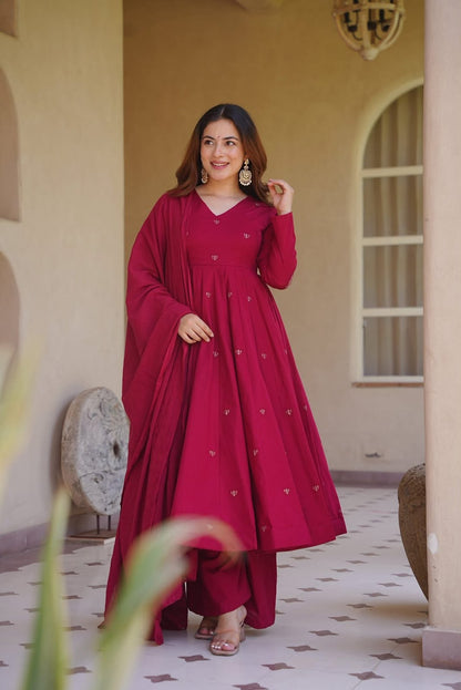 LadyVastara Heavy Roman Silk Embroidered Anarkali Kurta Set with Palazzo & Chanderi Silk Dupatta