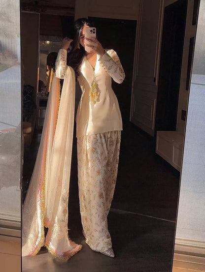 Ladyvastara Luxury Party Wear Farshi Plazzo Suit with Embroidered Organza Dupatta