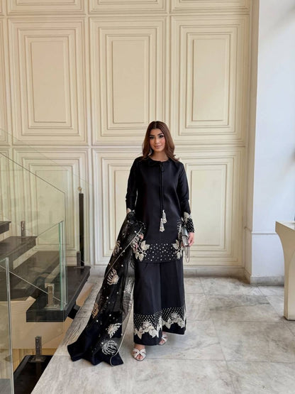 Party Wear Embroidered Crepe Top & Palazzo Set with Dupatta