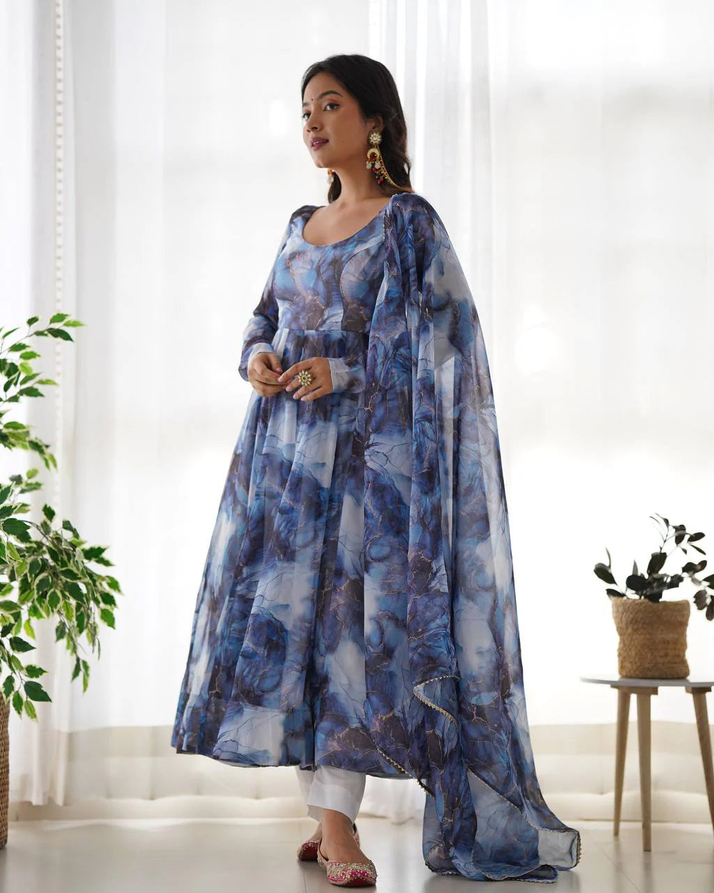 LadyVastara Women’s Pure Soft Organza Silk Marble Print Anarkali Suit Set with Gota Patti Dupatta