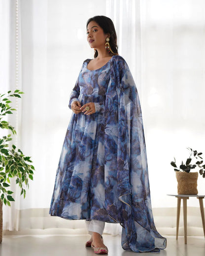 LadyVastara Women’s Pure Soft Organza Silk Marble Print Anarkali Suit Set with Gota Patti Dupatta