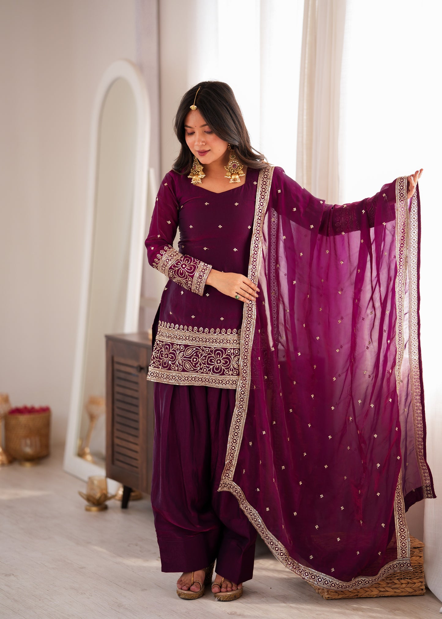 LadyVastara Heavy Fendy Silk Embroidered Kurta with Farshi Shalwar & Roman Silk Dupatta