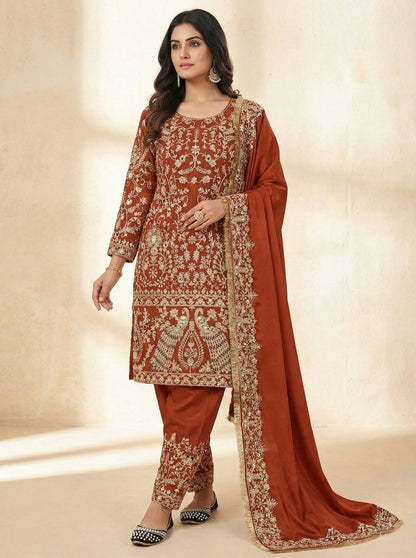 LadyVastara Designer Crepe Silk Suit with Embroidery Dupatta