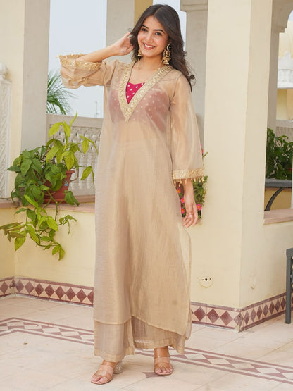 LadyVastara Golden Tissue Kurta Set with Embroidered Blouse & Palazzo