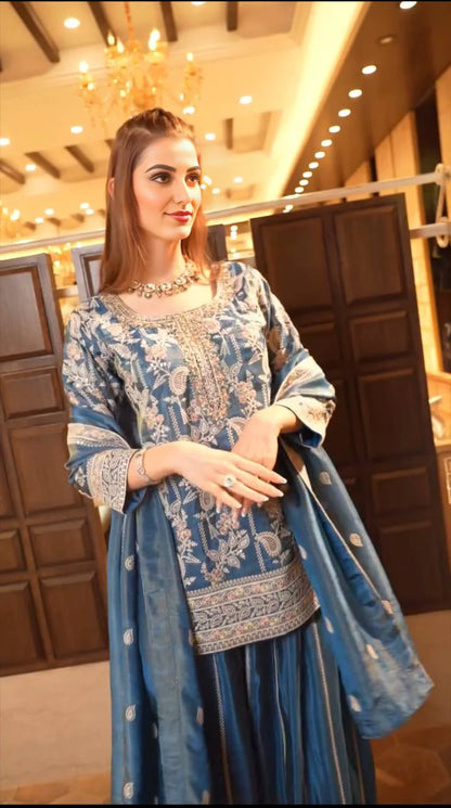 LadyVastara Beautiful Sky Blue Embroidered Sharara Gown for Women: Classic Design, Fine Details, Ideal for Parties, Weddings, and Festive Occasions