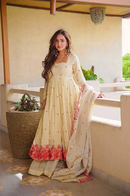 LadyVastara Pure Cosmos Silk Anarkali Sharara Set with Embroidered Dupatta