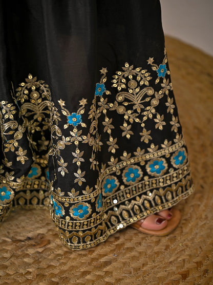 Ladyvastara Black Embroidered Kurta Sharara Set with Dupatta for Wedding & Festive Wear
