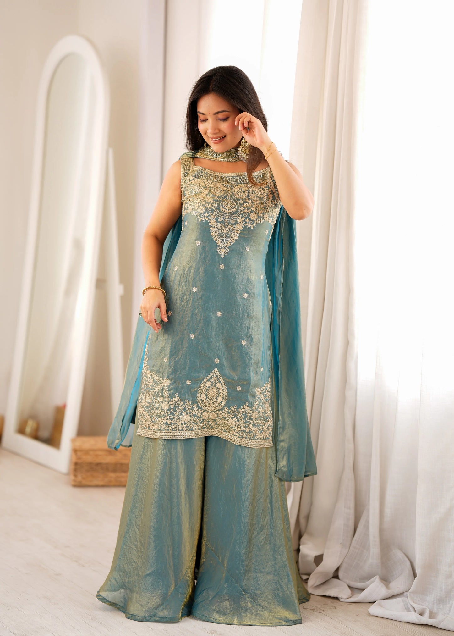 LadyVastara Premium Pure Fendy Silk Embroidered Sharara Set with Dupatta