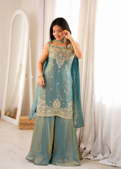 LadyVastara Premium Pure Fendy Silk Embroidered Sharara Set with Dupatta