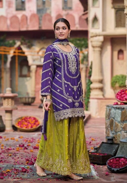 LadyVastara purple-yellow Sharara suit that is ideal for this festive season