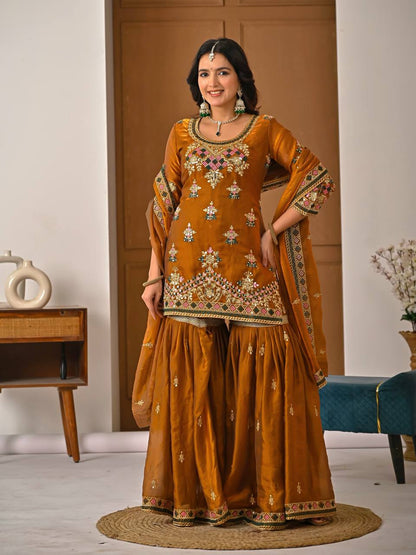 LadyVastara Designer Heavy Fandy Silk Kurta Sharara Palazzo Set with Embroidery & Dupatta