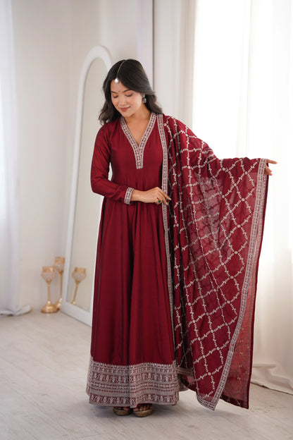 LadyVastara Royal Blooming Vichitra Silk Full Kali Anarkali Gown Set