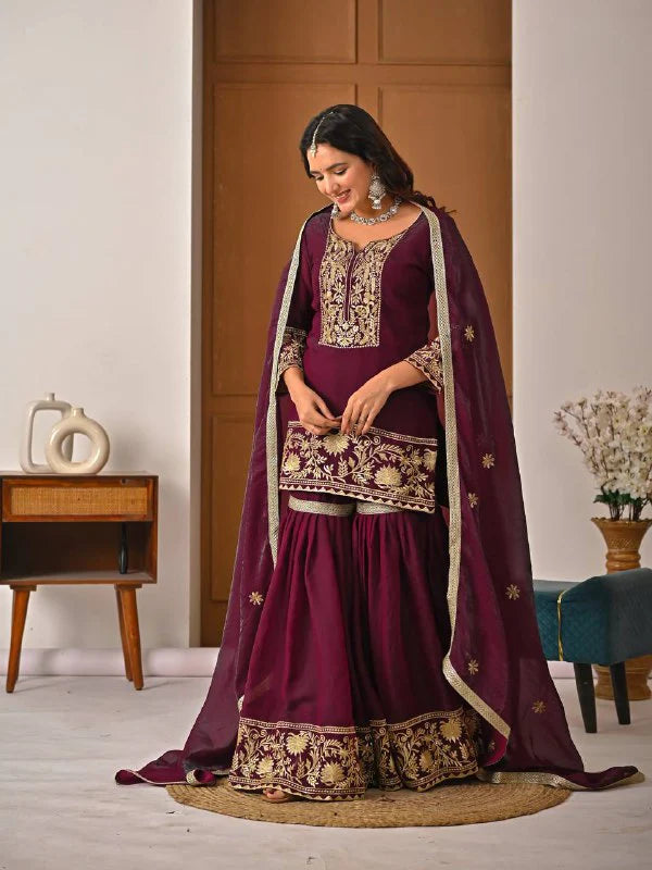 LadyVastara Premium Heavy Fendy Silk Embroidery Sharara Palazzo Suit