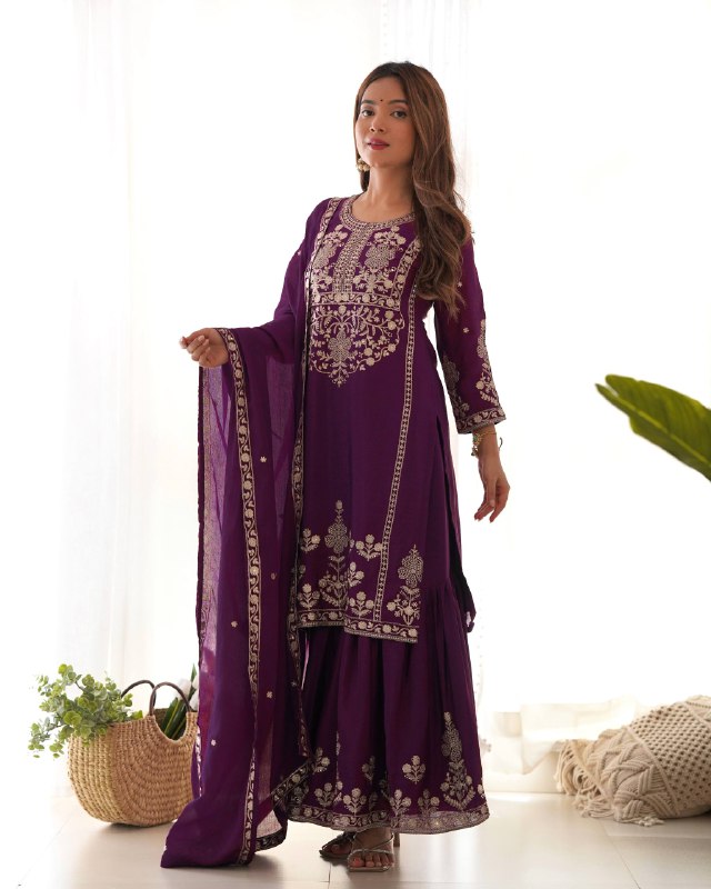 LadyVastara Designer Chinon Silk Kediyakurta with Sharara & Dupatta Set