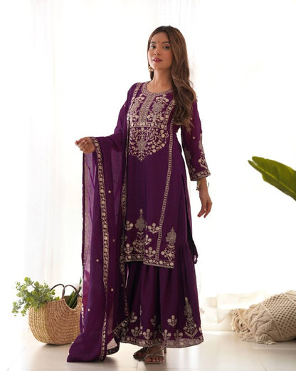 LadyVastara Designer Chinon Silk Kediyakurta with Sharara & Dupatta Set