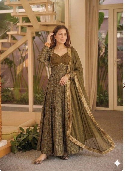 LadyVastara Floral Brocade Jacquard Anarkali Suit Set with Pant & Dupatta