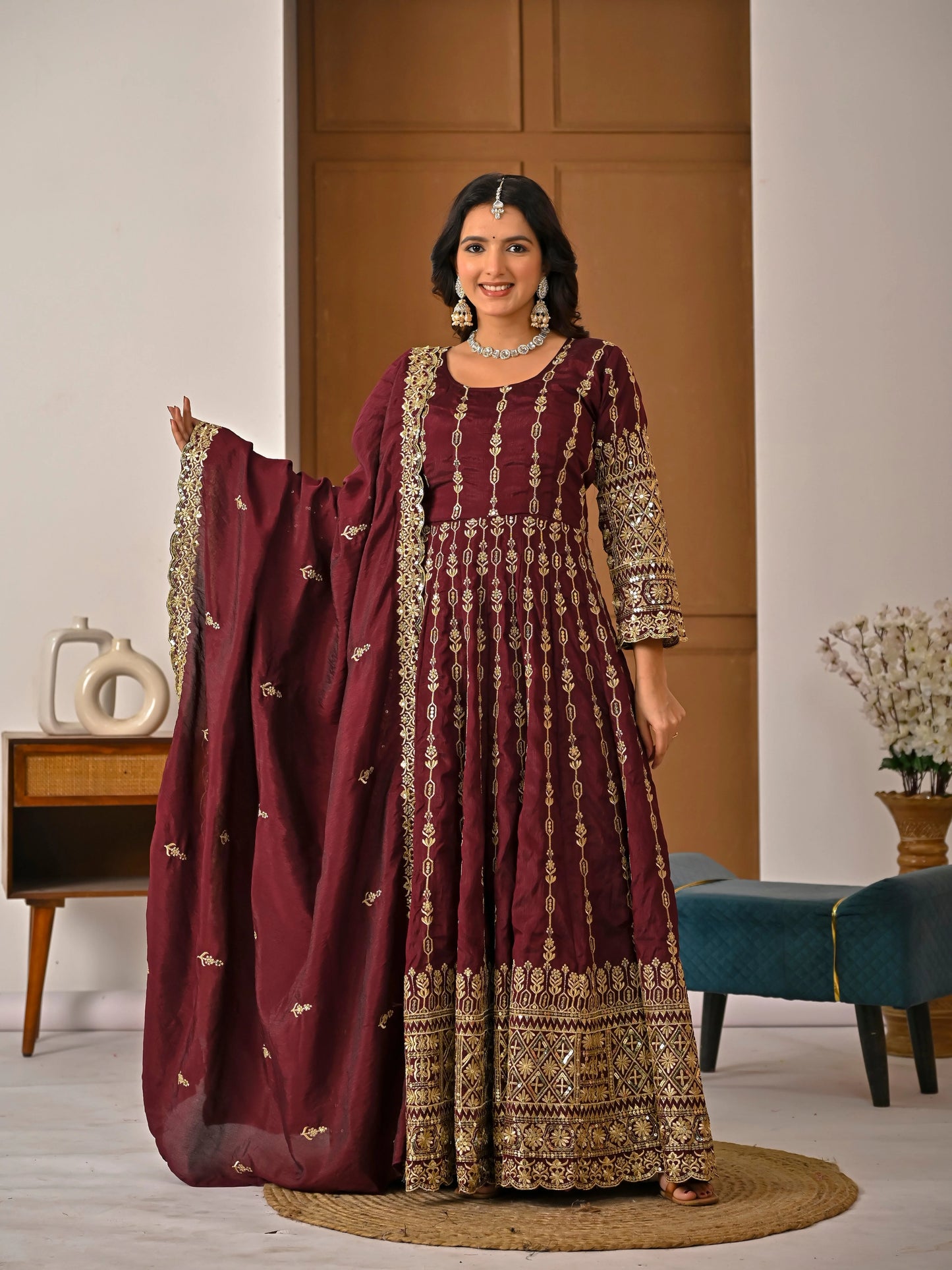 LadyVastara Elegant Maroon Ethnic Kurta Palazzo Set with Full Embroidery