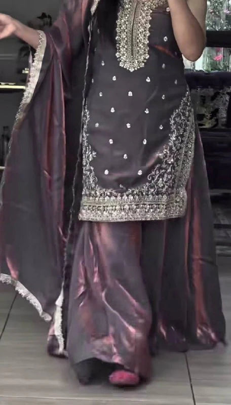 LadyVastara Luxury Embroidered Fandy Silk Sharara Suit for Engagement & Reception