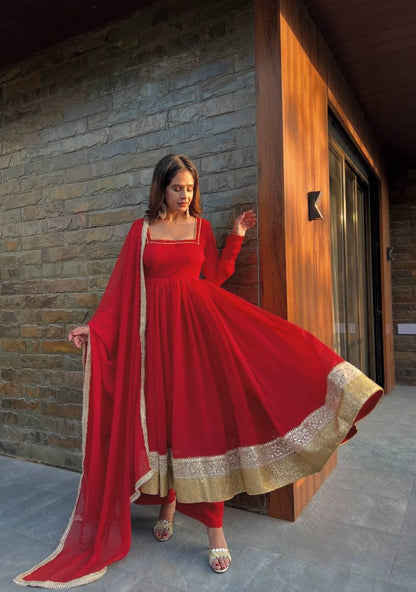 LadyVastara Designer Faux Blooming Anarkali Palazzo Set with Lace Dupatta