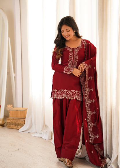 LadyVastara Elegant Glass Roman Silk Kurta Farshi Shalwar Set with Embroidered Dupatta