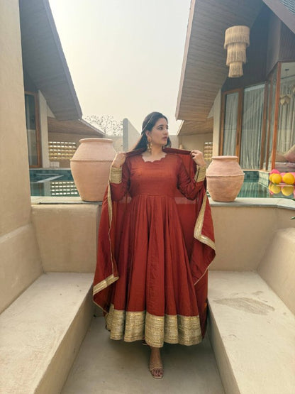 LadyVastara Heavy NC Vichitra Embroidered Anarkali Suit Set with Pant & Sequence Dupatta
